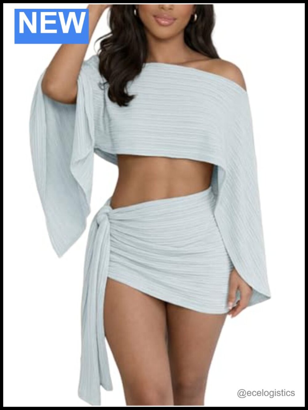 Two Piece Off Shoulder Crop Top and Skirt Set Beach Cover Up Long Sleeve